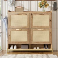 Modern Shoe Cabinet with Space-Saving 4-Door Design, Sturdy Storage Cabinet with Metal Frame and Top Shelf, 108.5L x 24W x 100H cm, Natural(m-5)
