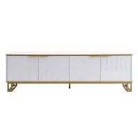 Modern TV Cabinet with 4 Geometric Embossed Doors and Open Top Shelf, Spacious TV Stand with Hidden Storage, 160L x 37.5W x 48H cm, White(m-2)