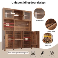 Tall Cabinet with Silent Sliding Toughened Glass Doors, Dining Room Sideboard with Metal Construction, 140L x 40W x 185H cm, Walnut Brown(m-4)