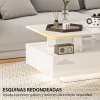 HOMCOM Mesa de Centro LED Moderna con 4 Cajones Estante Abierto y Luces LED de 16 Colores para Salón 90x55x41 cm Blanco Brillo(m-7)