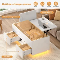 Lift-Top Coffee Table with App-Controlled RGB LED Lights, High-Gloss Center Table with Hidden Compartment, 100L x 45W x 43H cm, White(m-6)