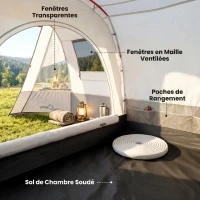 Outsunny Tente de camping familiale 3 personnes, tente tunnel imperméable, portes + fenêtres, 5,1 x 2,4 x 1,8 cm, gris clair(m-7)