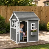 Outsunny Wooden Playhouse for Kids with Doors, Windows, Plant Box, Floors, for Ages 3-8 Years, for Gardens, Lawns, Patios - Grey(m-2)