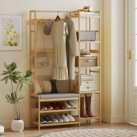 HOMCOM Meuble d'entrée en bambou, vestiaire d'entrée, banc, assise rembourrée, 10 crochets, tringle, 104x33x175cm, naturel(m-2)