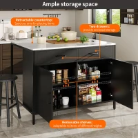 Standing Bar Table with Marble-Effect MDF Top and Solid Iron Legs, Marble Kitchen Island Table with Adjustable Shelves, 100L x 90W x 90H cm, Black(m-4)