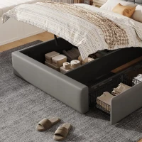 Elegant Upholstered Bed with Hydraulic Lift, Sturdy Storage Bed with 3 Storage Drawers, 202L x 148W x 100H cm, Grey(m-9)