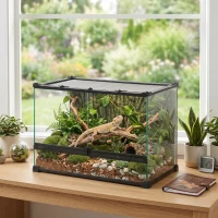 PawHut Reptile Glass Terrarium with Stone Background, Front Ventilation, Escape-Proof Knob Lock, 50 x 30 x 35 cm, Black(m-2)