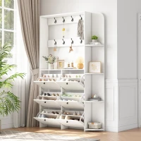 Coat Rack and Shoe Storage Cabinet with Shoe Cubbies, Space-Saving Hallway Storage Unit with Hinged Doors, 120L x 24W x 200H cm, White(m-7)