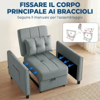 HOMCOM Poltrona Letto Pieghevole Convertibile con Schienale Regolabile e Cuscino, Grigio(m-8)