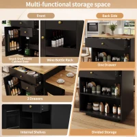 Extendable Kitchen Island with Storage and MDF Top, Space-Saving Dining Bar with Built-In Wine Rack, 195.5L x 70W x 94H cm, Black(m-5)