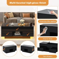 Lift-Top Coffee Table with App-Controlled RGB LED Lights, High-Gloss Center Table with Hidden Compartment, 100L x 45W x 43H cm, Black(m-8)