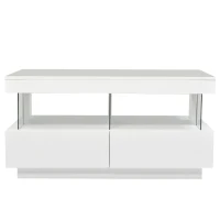 High-Gloss LED Coffee Table with App-Controlled Lights, Modern Center Table with Sleek Contemporary Design, 100L x 60W x 49.5H cm, White(m-12)