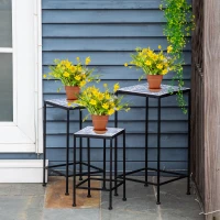Outsunny Suporte para Vasos de Metal 3 Peças Empilháveis Suporte para Plantas com Bancada de Azulejo Decorativa para Interiores e Exteriores 31,5x31,5x60,5 cm Azul e Preto(m-10)