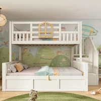 Twin Over Full Bunk Bed with Solid Pine and MDF Construction, Wooden Cabin Bed with Hydraulic Under-Bed Storage, 243L x 144W x 172H cm, White(m-8)