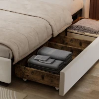 Upholstered Double Bed with Soft Padded Headboard, Practical Storage Bed with Smooth Castors, 200L x 142W x 118.5H cm, Beige(m-10)