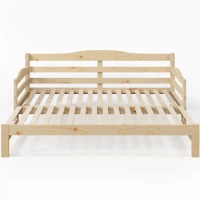 Stylish Cabin Bed with Pull-Out Trundle and Practical Storage, Natural Finish Wooden Bed Frame with MDF Slatted Base, 196L x 187W x 73H cm, Natural(m-11)
