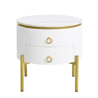 Modern Side Table with Marble-Effect Top and 2 Drawers, Durable Coffee Table with Adjustable Legs, 50L x 50W x 51H cm, White(m-2)