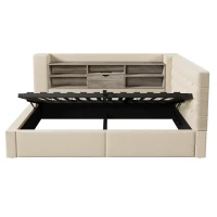 Upholstered Daybed with Hydraulic Under-Bed Storage, Beige Linen Sofa Bed with App-Controlled LED Lighting, 203L x 108W x 86H cm, Beige(m-13)