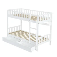 Space‑Saving Children's Bunk Bed with Safe Three-Step Ladder, Versatile Storage Bed with Under-Bed Sliding Drawers, 198L x 98W x 152H cm, White(m-10)