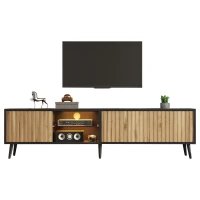 Mid-Century TV Cabinet with Smart App LED Lighting, Modern TV Stand with Built-In Cable Management, 175L x 31W x 43.5H cm, Black+Wood(m-15)