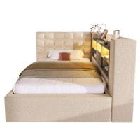Upholstered Daybed with Hydraulic Under-Bed Storage, Beige Linen Sofa Bed with App-Controlled LED Lighting, 203L x 108W x 86H cm, Beige(m-15)