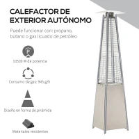 Outsunny Estufa de Gas para Exterior Pirámide 10500 W Calefactor para Patio de Propano Acero Inoxidable con Funda Protectora Regulador Manguera Sistema Anti-Vuelco y Ruedas 10 m² Plata(m-4)