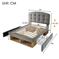 Upholstered Single Bed with Height-Adjustable Button-Tufted Headboard, Plush Grey Bed Frame with Built-In Drawers, 198L x 101W x 120H cm, Grey(m-3)