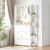 Coat Rack and Shoe Storage Cabinet with Shoe Cubbies, Space-Saving Hallway Storage Unit with Hinged Doors, 120L x 24W x 200H cm, White