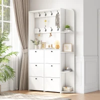Coat Rack and Shoe Storage Cabinet with Shoe Cubbies, Space-Saving Hallway Storage Unit with Hinged Doors, 120L x 24W x 200H cm, White(m-1)