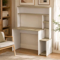 HOMCOM Bureau Informatique, 114 x 45 x 138 cm, Bureau avec Rangement, Étagères Ouvertes et Support UC, Blanc et Bois Naturel(m-2)