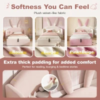 Bunny Ears Children's Upholstered Bed Frame with Hydraulic Storage, Rose Velvet Kids Bed with Thick Padded Headboard, 206L x 149W x 143H cm, Rose(m-5)