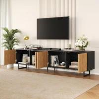 Modern 180cm TV Stand with Diagonal Fluted Doors, Industrial-Style Lowboard for up to 80-Inch TVs, 180L x 40W x 50H cm, Black+Wood(m-1)