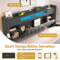Upholstered Linen Bed Frame with Ambient LED Lighting, 4ft6 Double Bed with Hydraulic Under-Bed Storage, 213L x 143W x 115H cm, Grey(m-4)