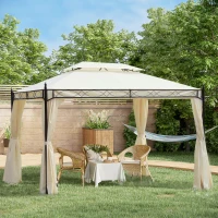 Outsunny Pérgola de Jardim 4x3 m com Telhado Duplo 4 Cortinas Estrutura de Aço 8 Orifícios de Drenagem Anti-UV Creme(m-10)