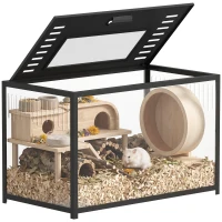 PawHut Hamsterkäfig aus Acryl und Metall mit tiefem Boden, aufklappbarem Deckel, seitlicher Belüftung, 80x45x50,5cm, Schwarz(m-8)