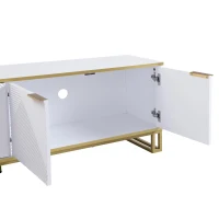 Modern TV Cabinet with 4 Geometric Embossed Doors and Open Top Shelf, Spacious TV Stand with Hidden Storage, 160L x 37.5W x 48H cm, White(m-8)