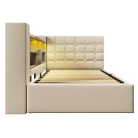 Upholstered Daybed with Hydraulic Under-Bed Storage, Beige Linen Sofa Bed with App-Controlled LED Lighting, 203L x 108W x 86H cm, Beige(m-14)