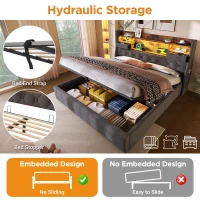 Upholstered Hydraulic Bed with LED Ambient Lighting, Linen Grey Bed Frame with Storage Headboard, 208L x 147W x 116H cm, Grey(m-5)