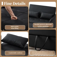2-Seater Pull-Out Sofa Bed with 3-Level Adjustable Backrest, Space-Saving Convertible Bed with Metal Structure, 121L x 83W x 82H cm, Black(m-4)