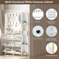 Coat Rack and Shoe Storage Cabinet with Shoe Cubbies, Space-Saving Hallway Storage Unit with Hinged Doors, 120L x 24W x 200H cm, White(m-4)