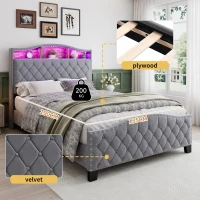 Upholstered 4ft6 Double Bed with Built-in Bedside Storage, Sturdy Storage Bed with Colourful LED Light Strip, 210L x 140.5W x 124H cm, Grey(m-5)