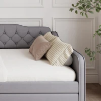 Space-Saving Upholstered 4ft6 Double Daybed with Pull-Out Trundle, Versatile Sofa Bed with Thick Foam Padding, 202L x 139.5W x 81.5H cm, Grey(m-9)