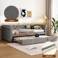 Upholstered Single Daybed Sofa Bed with Sturdy Slatted Base, Convertible Bed-to-Sofa with Padded Velvet Headboard, 221L x 98.5W x 71.5H cm, Grey(m-4)