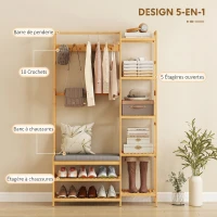 HOMCOM Meuble d'entrée en bambou, vestiaire d'entrée, banc, assise rembourrée, 10 crochets, tringle, 104x33x175cm, naturel(m-4)