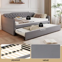 Space-Saving Upholstered 4ft6 Double Daybed with Pull-Out Trundle, Versatile Sofa Bed with Thick Foam Padding, 202L x 139.5W x 81.5H cm, Grey(m-5)