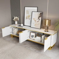 Modern TV Cabinet with 4 Geometric Embossed Doors and Open Top Shelf, Spacious TV Stand with Hidden Storage, 160L x 37.5W x 48H cm, White(m-4)