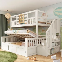 Twin Over Full Bunk Bed with Solid Pine and MDF Construction, Wooden Cabin Bed with Hydraulic Under-Bed Storage, 243L x 144W x 172H cm, White(m-1)