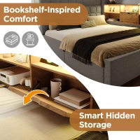 Upholstered Daybed with Pull-Out Trundle and Space-Saving Storage, Versatile Grey Linen Bed Frame with LED Lighting, 204L x 107W x 88H cm, Grey(m-6)