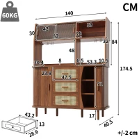 Rattan-Look Front Sideboard with Smooth-Running Glass Sliding Doors, Space-Saving Storage Cabinet with 3 Drawers, 140L x 40.5W x 174.5H cm, Walnut(m-3)