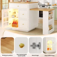 Extendable Kitchen Island with LED Colour Lighting, Space-Saving Dining Bar with 4 Drawers and Open Shelf, 195.5L x 70W x 93.5H cm, White(m-5)